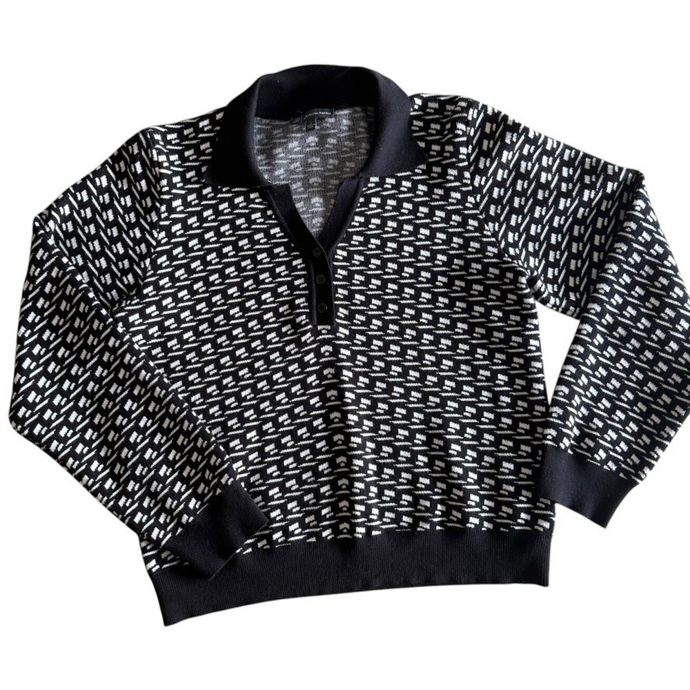 Arianna Papell Patterned Knit Top Black White Button Polo Sweater Minimalist L - Picture 4 of 9